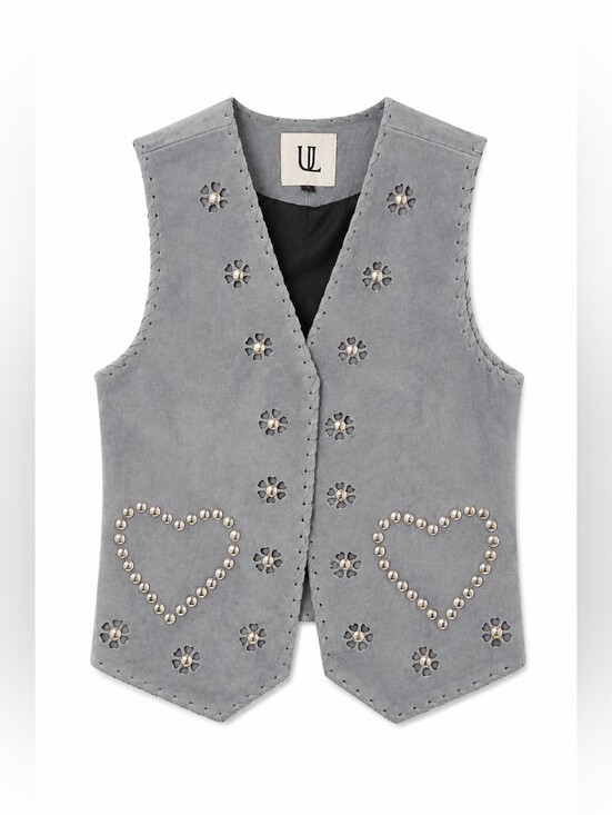 Understated Leather Jackets & Blazers - NWT Understated Leather x Free People 100% Suede Heart Stud Vest, Gray Blue, XS